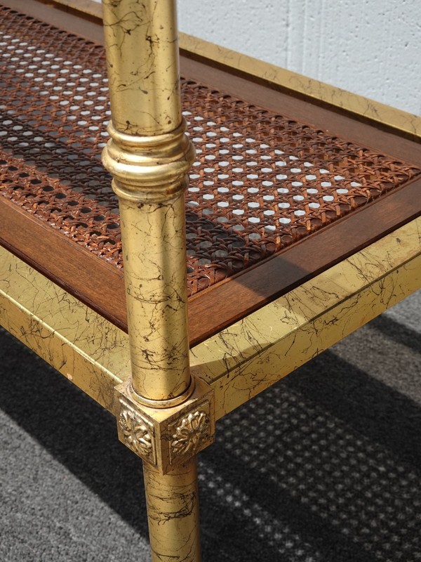Vintage Hollywood Regency Gold Console Table Sofa Table w Cane Shelf gallery