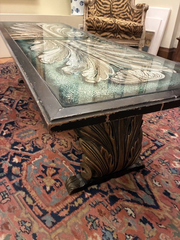 Gorgeous Mid-Centry Italian Coffee Table Reverse Painted Glass Top Giltwood Base gallery