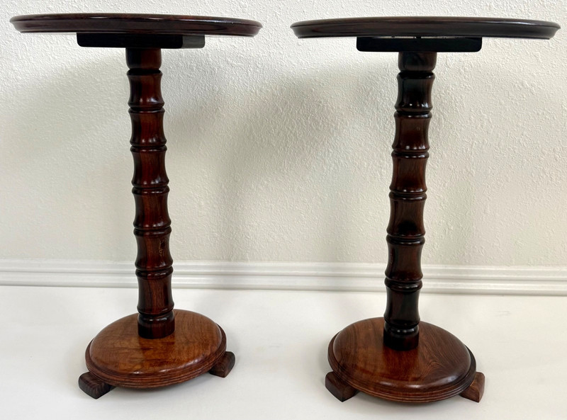 Anglo-Indian Faux Bamboo Rosewood Marquetry Pedestal Stand Table, a Pair gallery