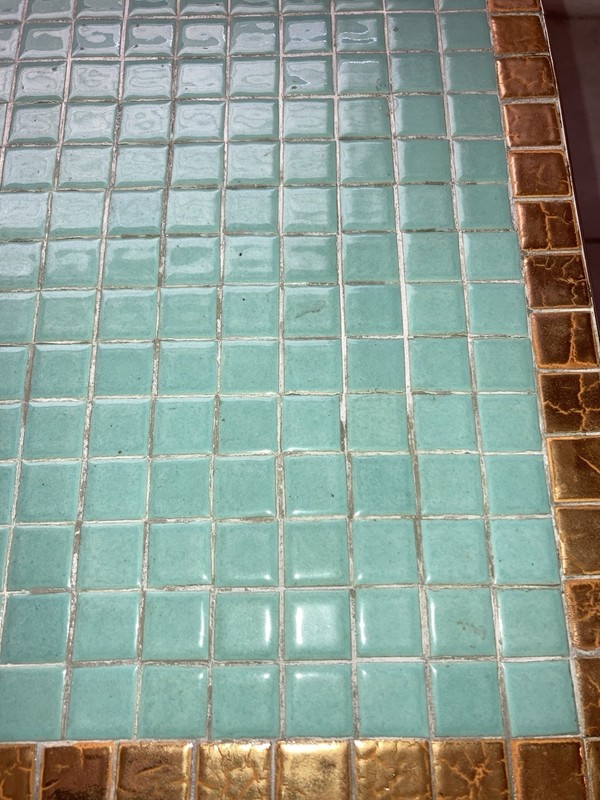 Mid-Century Turquoise Porcelain Mosaic Tile Top Coffee Table Brass Legs gallery