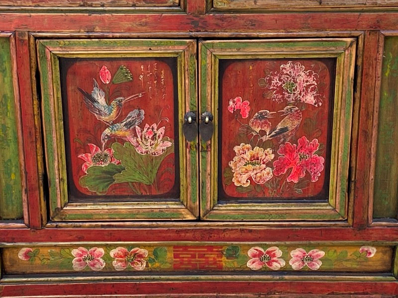 Chinese Distressed Red Green Flower Sideboard Credenza Cabinet cs7825 gallery