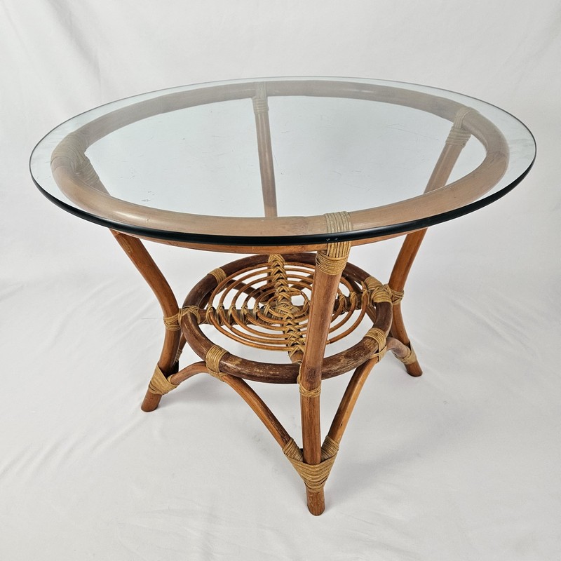 Vintage Rattan End Table Plant Stand Glass Top Boho Tiki Mid-Century Modern
