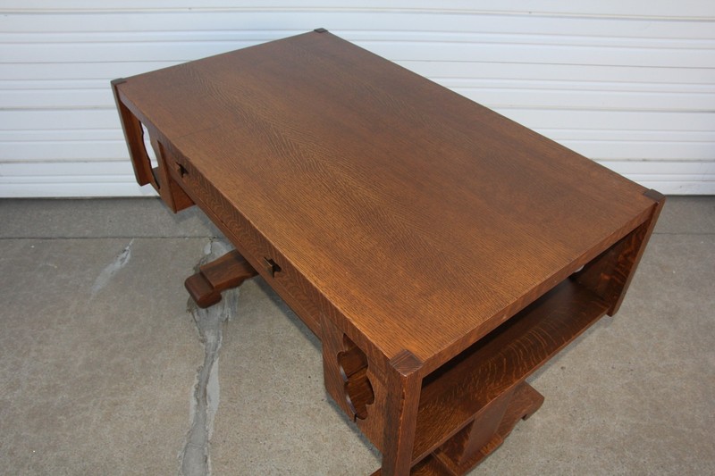 Beefy Antique Arts & Crafts Mission Oak Library Desk Table Bookshelf Ends Office gallery