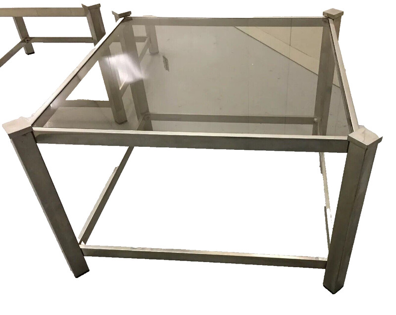 MID CENTURY MODERN HOLLYWOOD REGENCY LOW TABLES STAINLESS & GLASS PAIR gallery