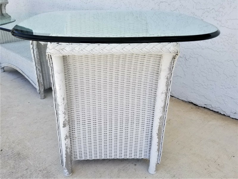 LLOYD FLANDERS Loom Wicker Side Tables w Glass Vintage Set Of 2 gallery