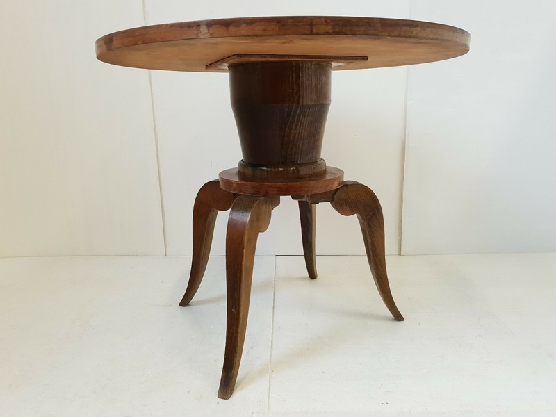 Vintage Side Table Gueridon Walnut Varnish Marquetry 1940s 1950s gallery