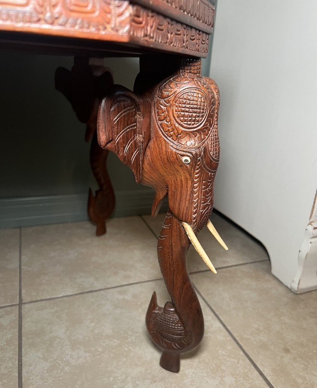 Mid 20th Century Anglo-Indian Carved Elephant Hardwood Octagon Table with Glass gallery