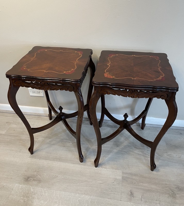VTG Pair Italian Marquetry Inlaid Side End Tables Carved Wood Lamp Tables 1940s