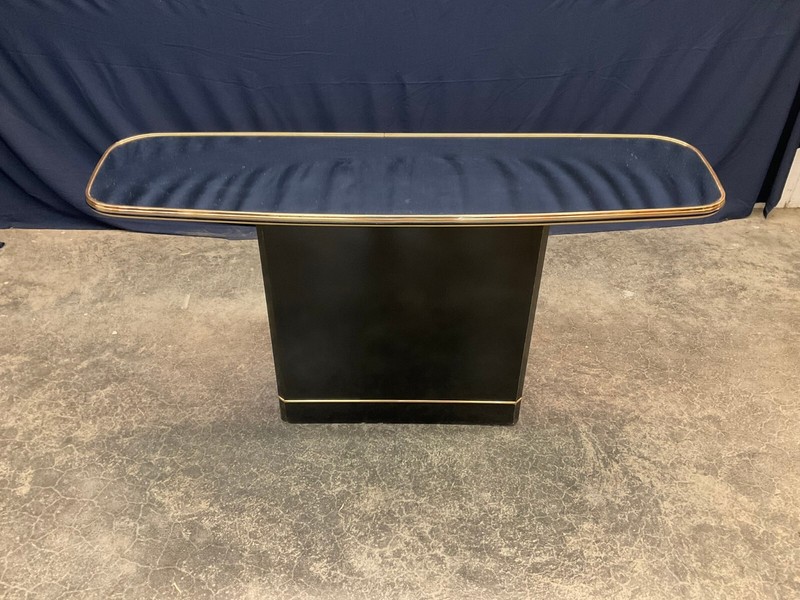 Postmodern Sofa or Console Table with Mirror Top & Black Lacquered Pedestal Base