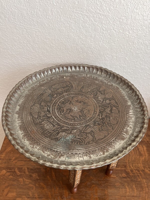 Moorish Brass Tray Table on Inlaid Folding Stand Vintage gallery