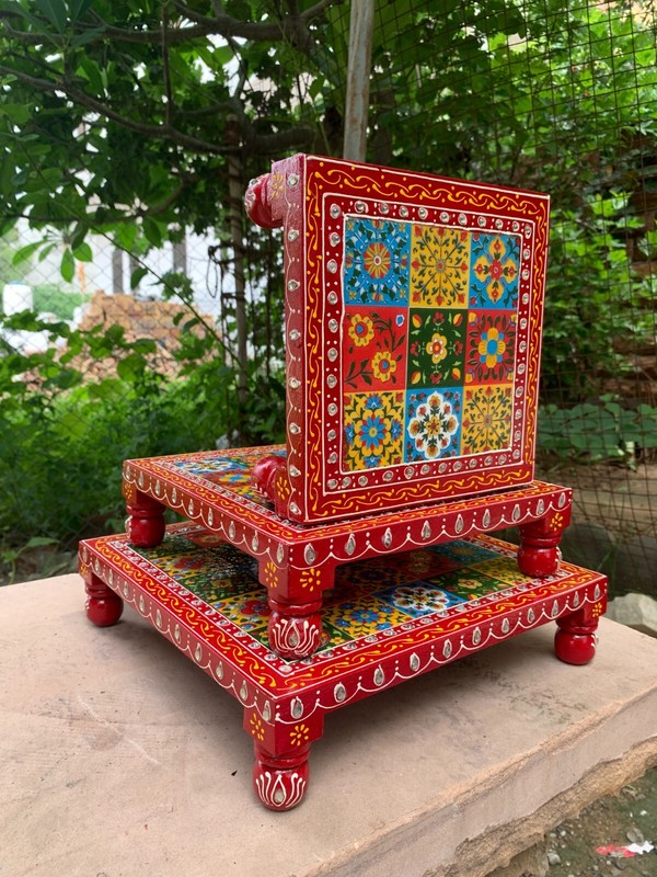 Colourful Hand Embossed Painted Bajot Set Wooden Decorative Chowki Decor Gift gallery
