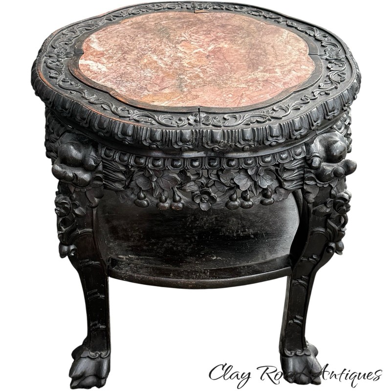 Antique Chinese rosewood & rose marble top plant stand table Victorian gallery
