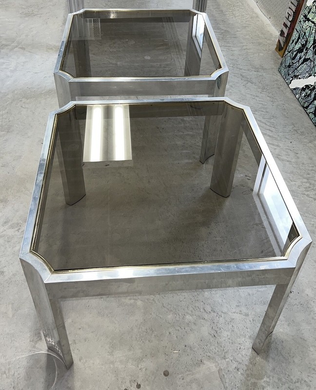 Two Vintage Art Design Tables made of Aluminum, Brass, Tinted Glass