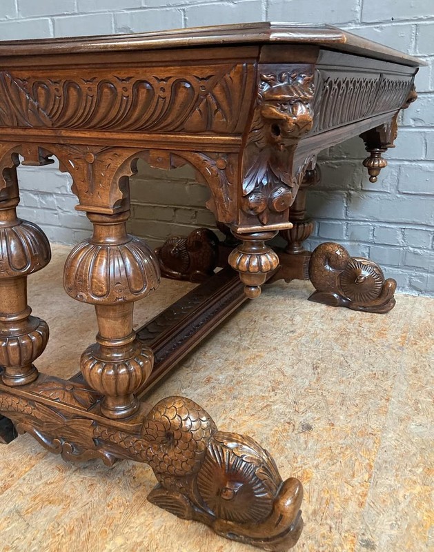 French Antique Renaissance Revival Walnut Desk/Library Table with Sea Serpents gallery
