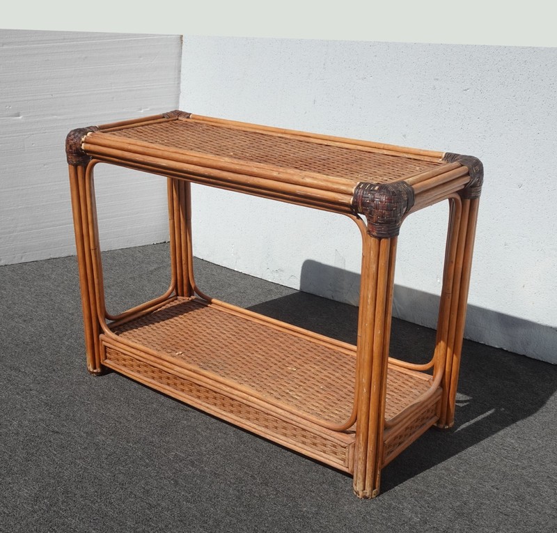 Vintage Rustic Console Sofa Table Tiki Palm Beach Style w Bamboo Rattan Leather gallery