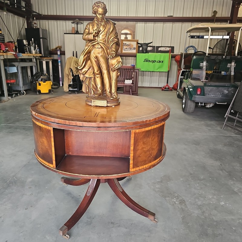 Antique-style Duncan Phyfe drum table W/ a circular leather-inlaid top