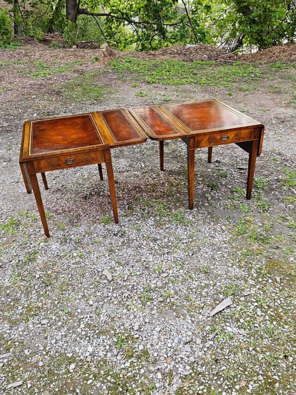 Antique Pembroke Double drop leaf leather top end table Pair by Weiman gallery