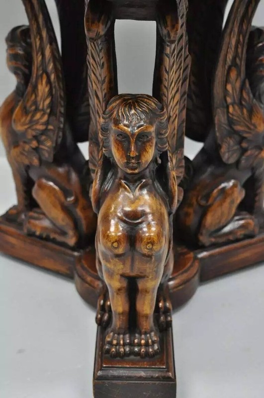 Antique French Renaissance Figural Walnut Winged Sphinx Resin Top Side Table gallery