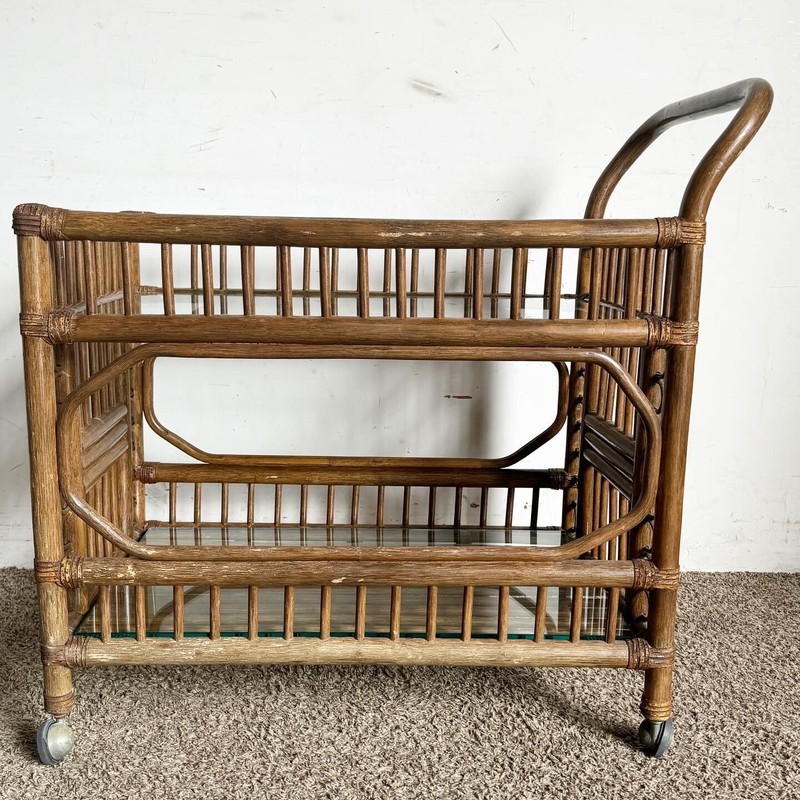 Boho Chic Bamboo Rattan and Glass Two-Tier Bar Cart gallery