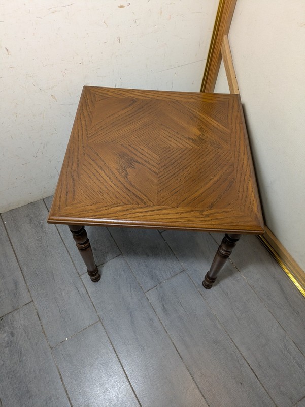 Vintage Rustic Country Parquet Oak Wood Small Side Table Plant Stand Turned Legs gallery