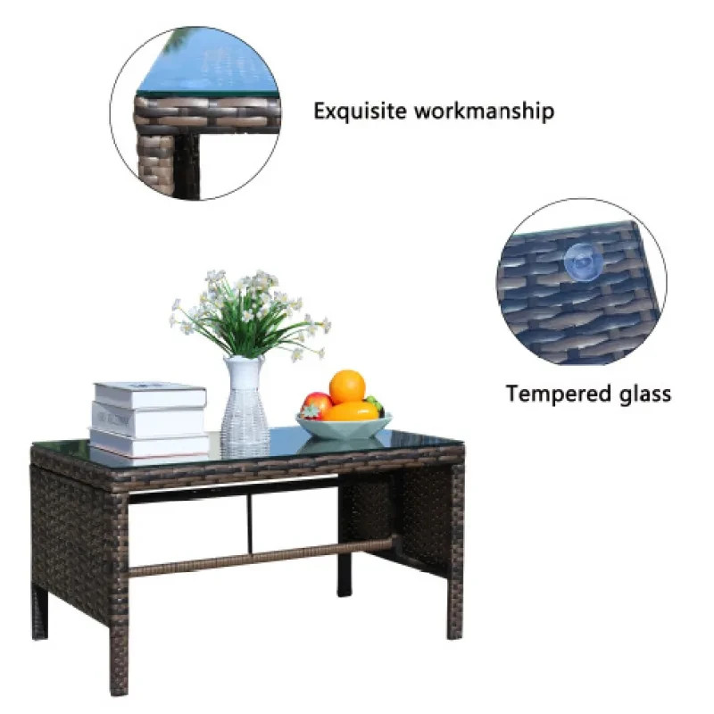 Patio Coffee Table Rattan Wicker Clear Tempered Glass Weather Resistant Garde gallery