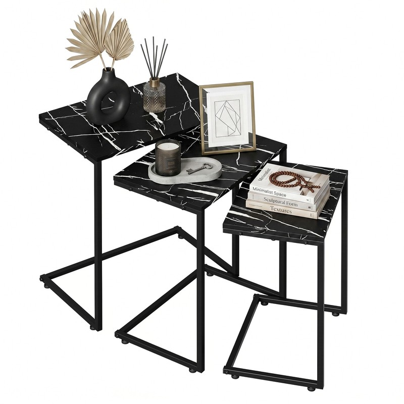 Nesting Side Tables Set of 3 C Shaped End Tables Stackable Coffee Table Black
