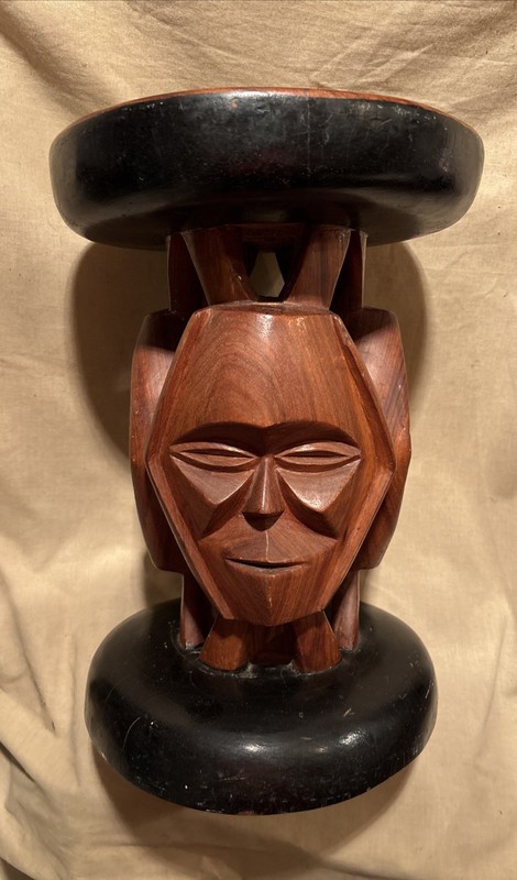 Vintage PLANT STAND / End Table-STOOL 1 Solid Wood Piece Hand Carved Faces Masks gallery