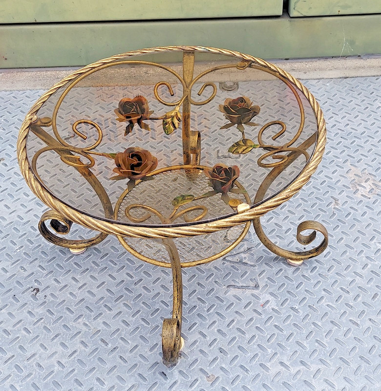 Italian Regency Gilt Gold Metal Round Glass Top Accent Table 16 x 10 3/4