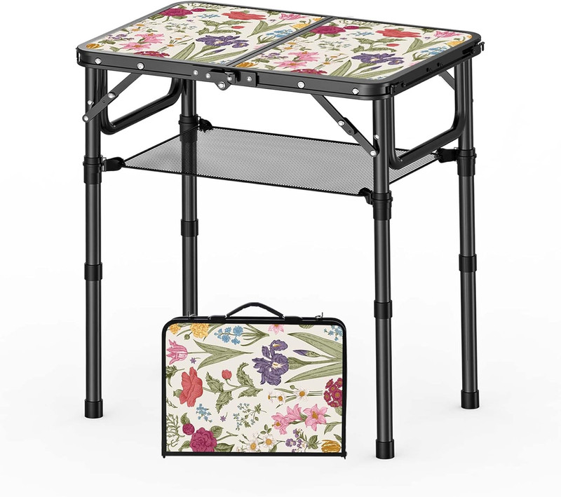 Folding Camping Table Adjustable Height Picnic Desk with Carry Handle Mesh Shelf gallery