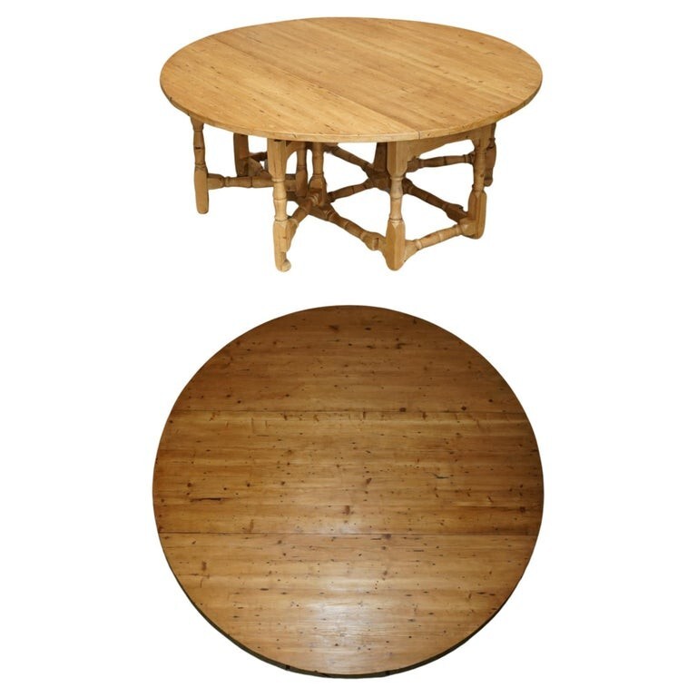 ANTIQUE VICTORIAN 183CM WIDE BURR PINE GATELEG EXTENDING ROUND DINING TABLE