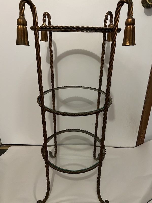 Mid Century Italian Regency Gilded Iron Rope &Tassel Round Side Table by Li Puma