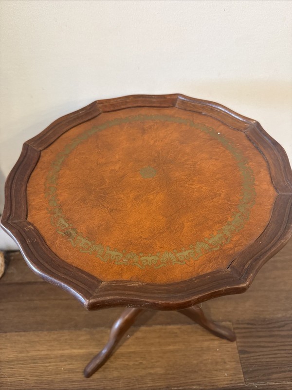 Mahogany Tripod Golden Faux Leather Gilt Top Green Wine / Side Table vintage gallery