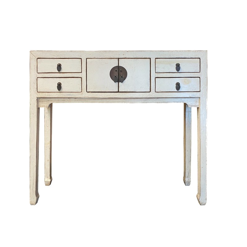 Oriental Rustic Off White Lacquer Drawers Slim Foyer Side Table cs6191