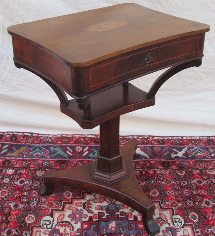 ANTIQUE REGENCY PERIOD MAHOGANY CONCH SHELL INLAID SEWING TABLE WITH LIFT TOP gallery