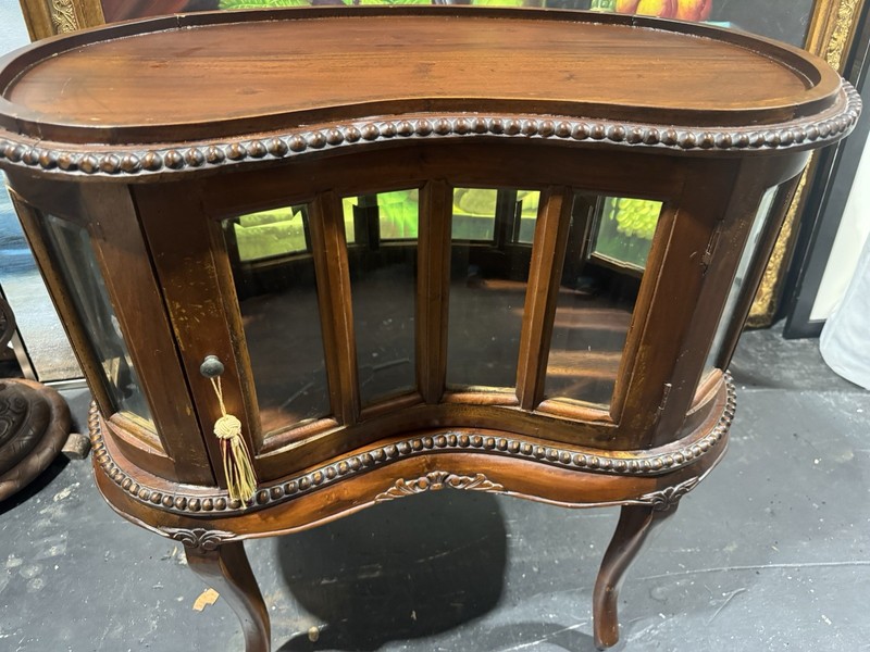 Kidney Shaped Tea / liquor Cabinet Table w/beveled glass & Wood Serving Tray gallery