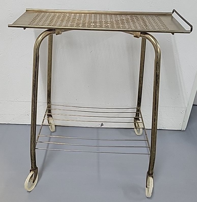 MCM Gold Toned 2 Tier Shelf, Bar Cart, End Table Union Jack/Atomic Design Wheels