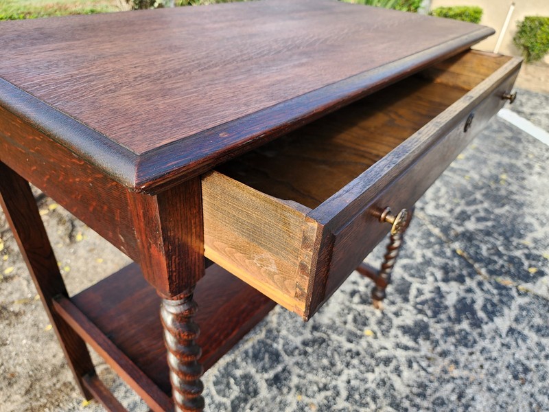 Ewardian Barley Twist Oak side / serving table on custers c.1900 gallery
