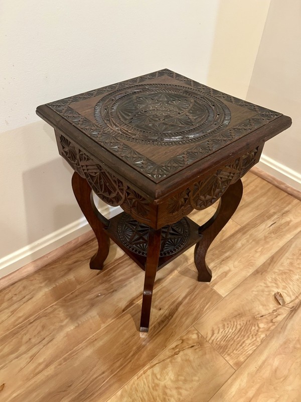 Antique Chip-Carved Walnut Accent Table - Arts & Crafts / Folk Art -18" gallery