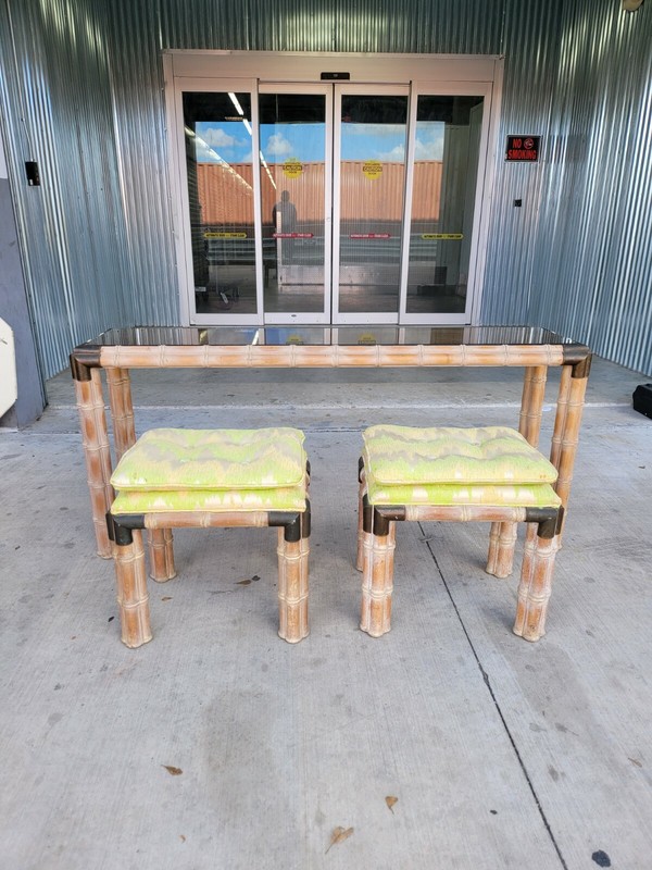 STYLISH 1970’S PALM BEACH FAUX BAMBOO CONSOLE AND TWO BENCHES