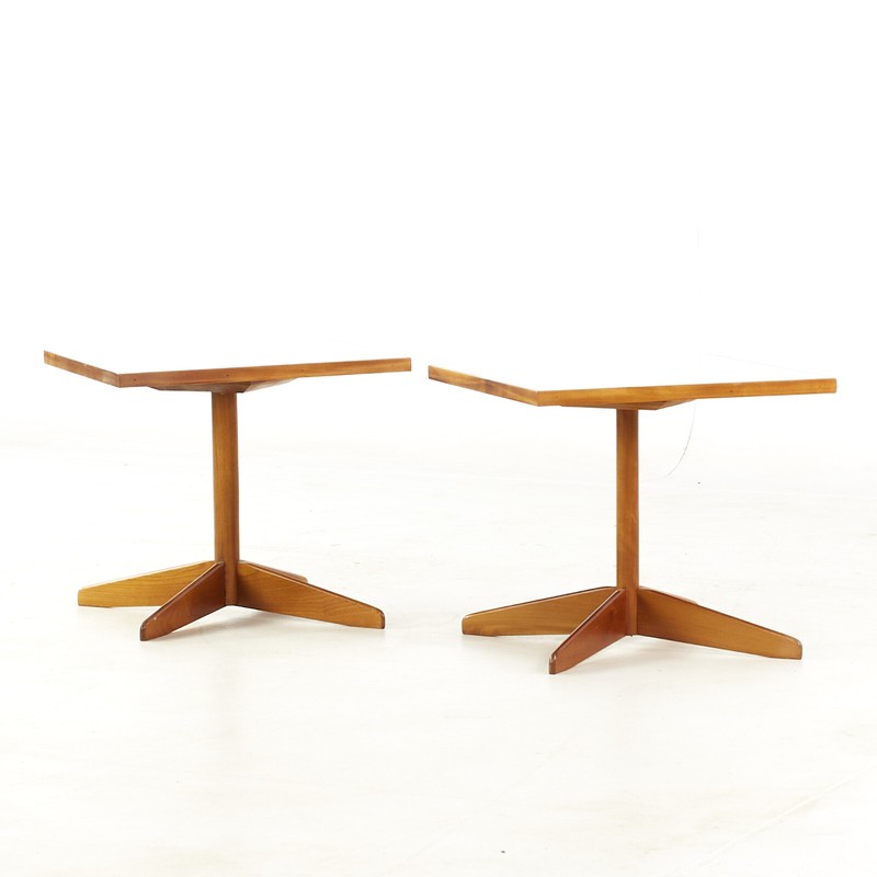 Edward Wormley Style Mid Century Walnut and White Laminate End Tables - Pair gallery