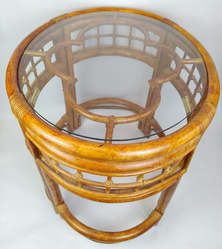 Oval Rattan & Glass Side Table 23″ Clover Tiki Bamboo MCM Hollywood Regency