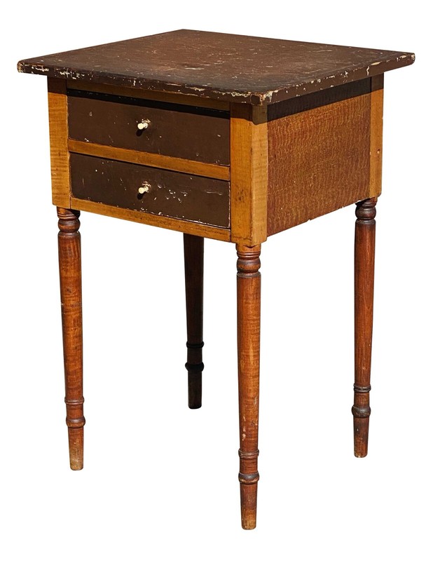 IMPORTANT ANTIQUE FEDERAL PERIOD VERMONT GRAIN PAINTED WORK TABLE / NIGHTSTAND gallery