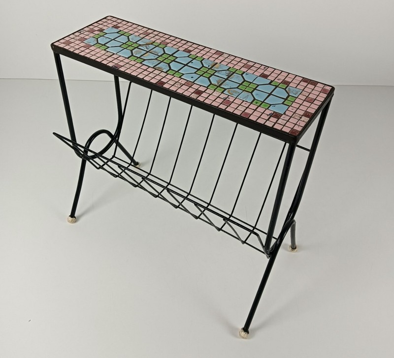 Vintage wrought iron Mid Century Magazine Rack Newspaper Basket Side Table Mosai gallery