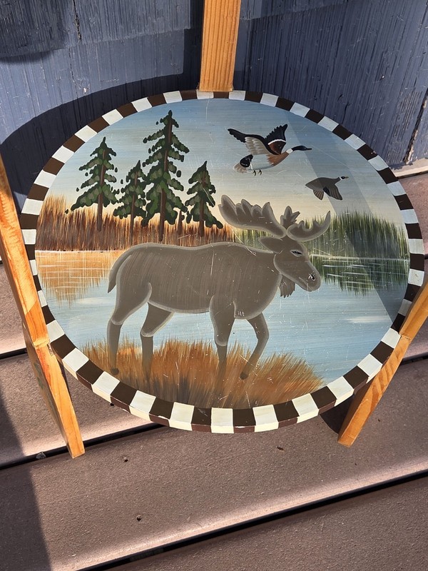 Wilderness Handpainted Scene Round 2 Tier Side Table w/ Oar Paddle Legs - Cabin gallery