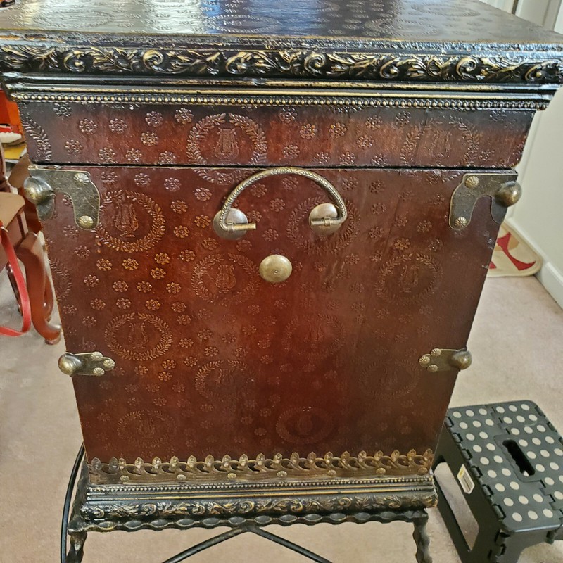 VTG Embossed Leather trunk on brass metal stand gallery