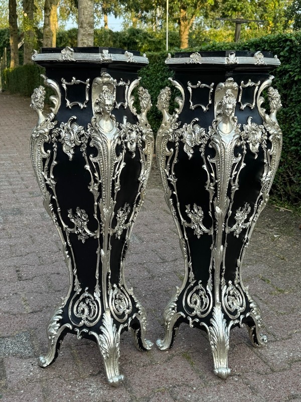 Pedestals Pair Italian Baroque Black Silver Marble Effect Stands VTG
