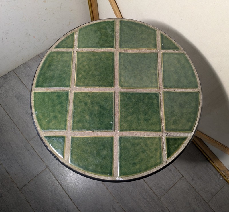 Vintage MCM Green Tile Top Twisted Wrought Iron Base Plant Stand Pedestal Table gallery