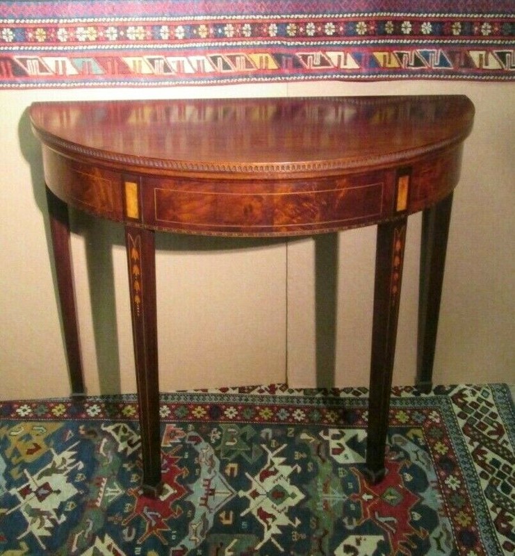 ANTIQUE FEDERAL MAHOGANY CARD TABLE W/BELLFLOWER INLAY & FLUTED EDGE OLD SURFACE gallery