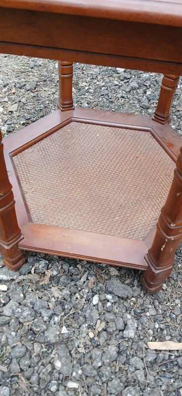 Mid-Century Modern Hexagonal Walnut Side Table With Glass Top & Cane Shelf gallery