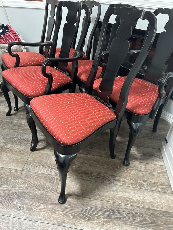 6 Queen Anne Chairs Ebony Walnut Red Upholstered W/Yellow Diamond Embroidered